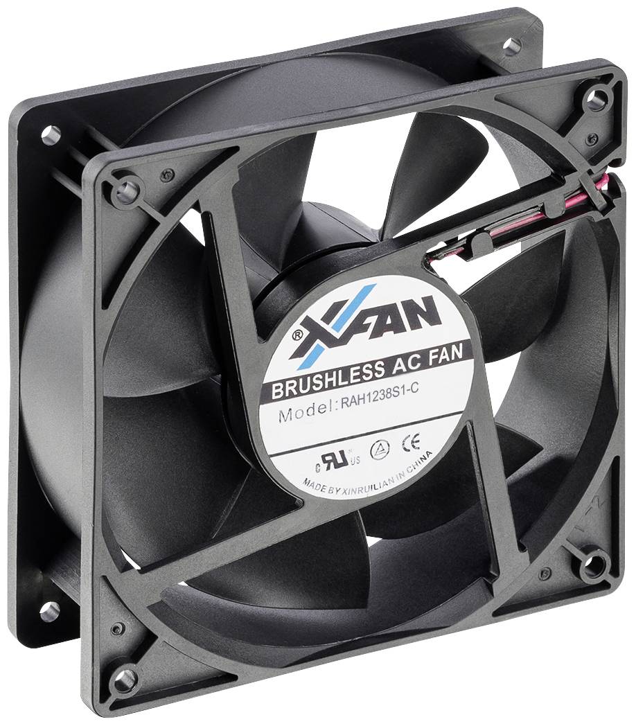 Čierno-sivý štvorcový ventilátor s nálepkou uprostred s nápisom "Brushless AC Fan, Model: RAH1238S1-C".