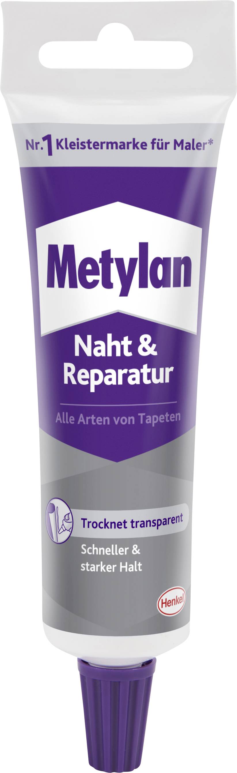 Tuba lepidla 'Metylan Naht & Reparatur' na tapety, označená ako top voľba pre maliarov, sľubuje rýchle schnutie a silné držanie.