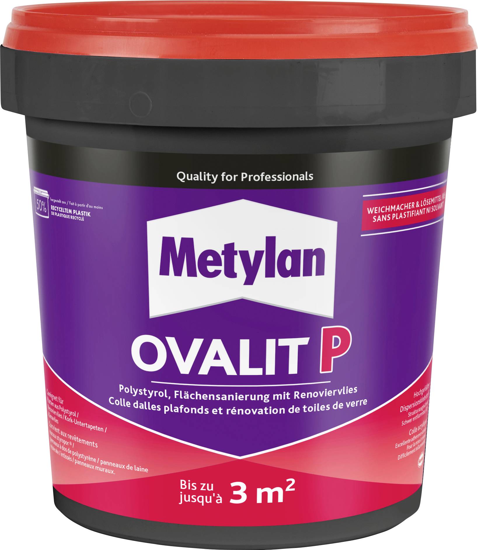 Lepidlo 'Metylan Ovalit P' v nádobke na renováciu stropov a sklovoláknových tapiet. Pokrýva až 3 štvorcové metre. Fialový štítok.