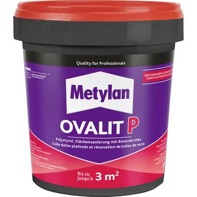 Lepidlo 'Metylan Ovalit P' v nádobke na renováciu stropov a sklovoláknových tapiet. Pokrýva až 3 štvorcové metre. Fialový štítok.