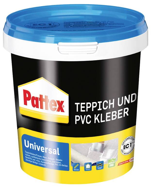 Balenie lepidla Pattex 'Teppich und PVC Kleber' Univerzálne, určené na lepenie kobercov a PVC materiálov, s modrým uzáverom.