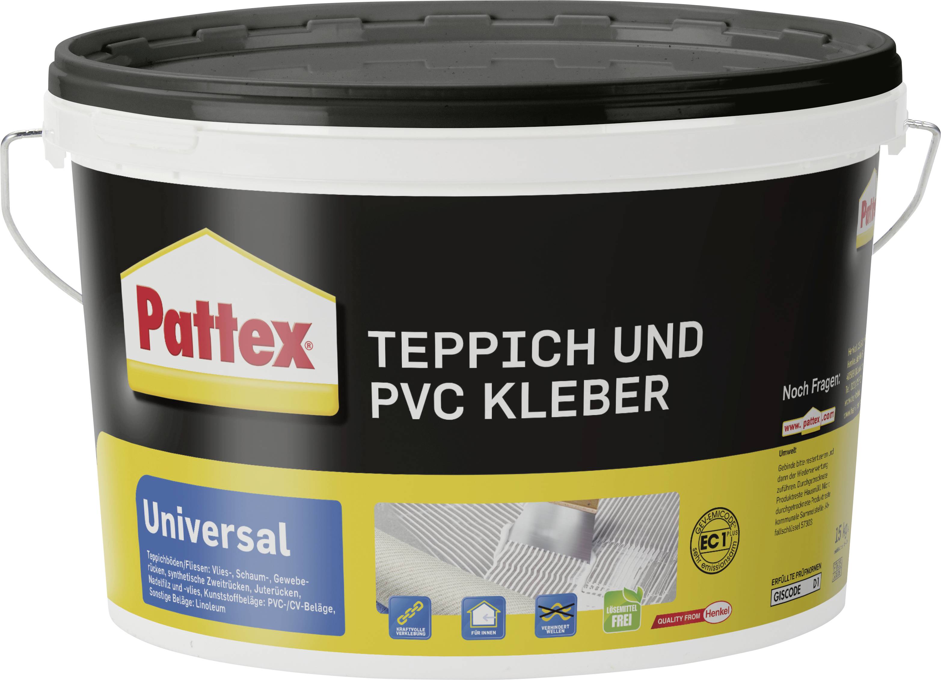 Kontajner Pattex 'Lepidlo na koberce a PVC' (Lepidlo na koberce a PVC), označený ako 'Univerzálny', s ikonami použitia a návodom na použitie.