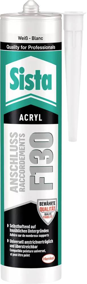 Obrázok znázorňuje kartuš Sista Acryl F130 od spoločnosti Henkel, vhodný pre napájacie škáry, s nástavcom pre presné nanášanie.