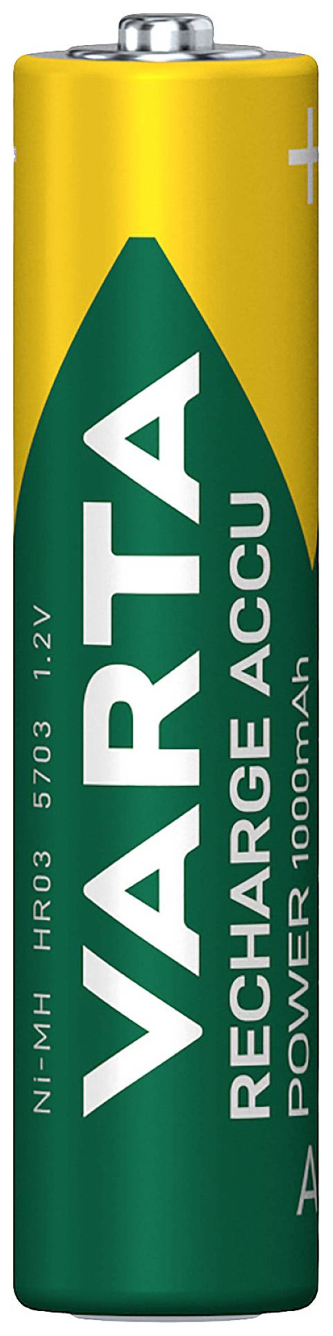 Batéria značky Varta s nápisom 'RECHARGE ACCU POWER 1000mAh'. Typ: Ni-MH, HR03, 1.2V.