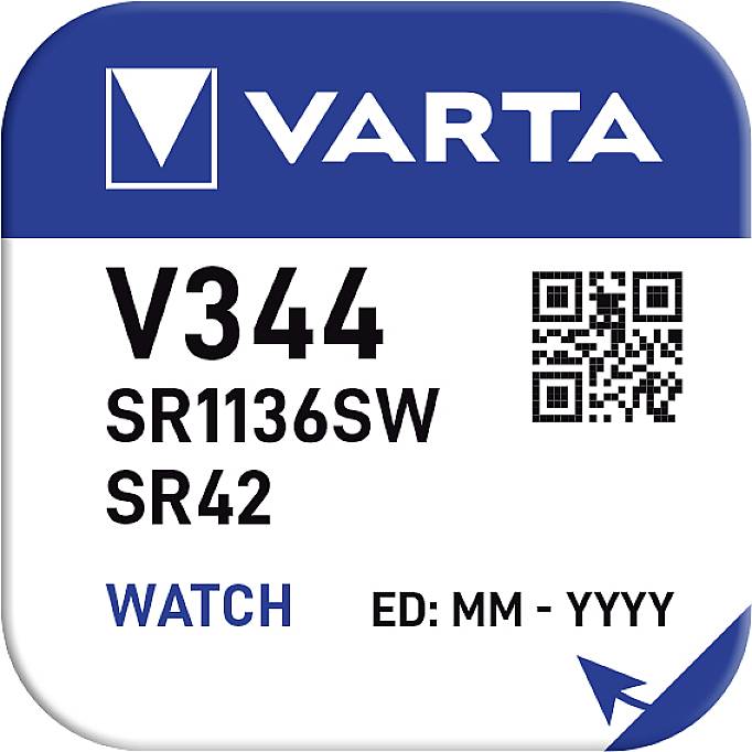 Štítok batérie s nápisom 'Varta V344 SR1136SW SR42', QR kód, upozornenie 'WATCH' a pole dátumu 'ED: MM - YYYY'.
