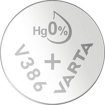 Okrúhla strieborná batéria s nápisom 'Hg 0%' pre bezhutnatkovú verziu, 'V386', so znakom '+' a 'VARTA'.