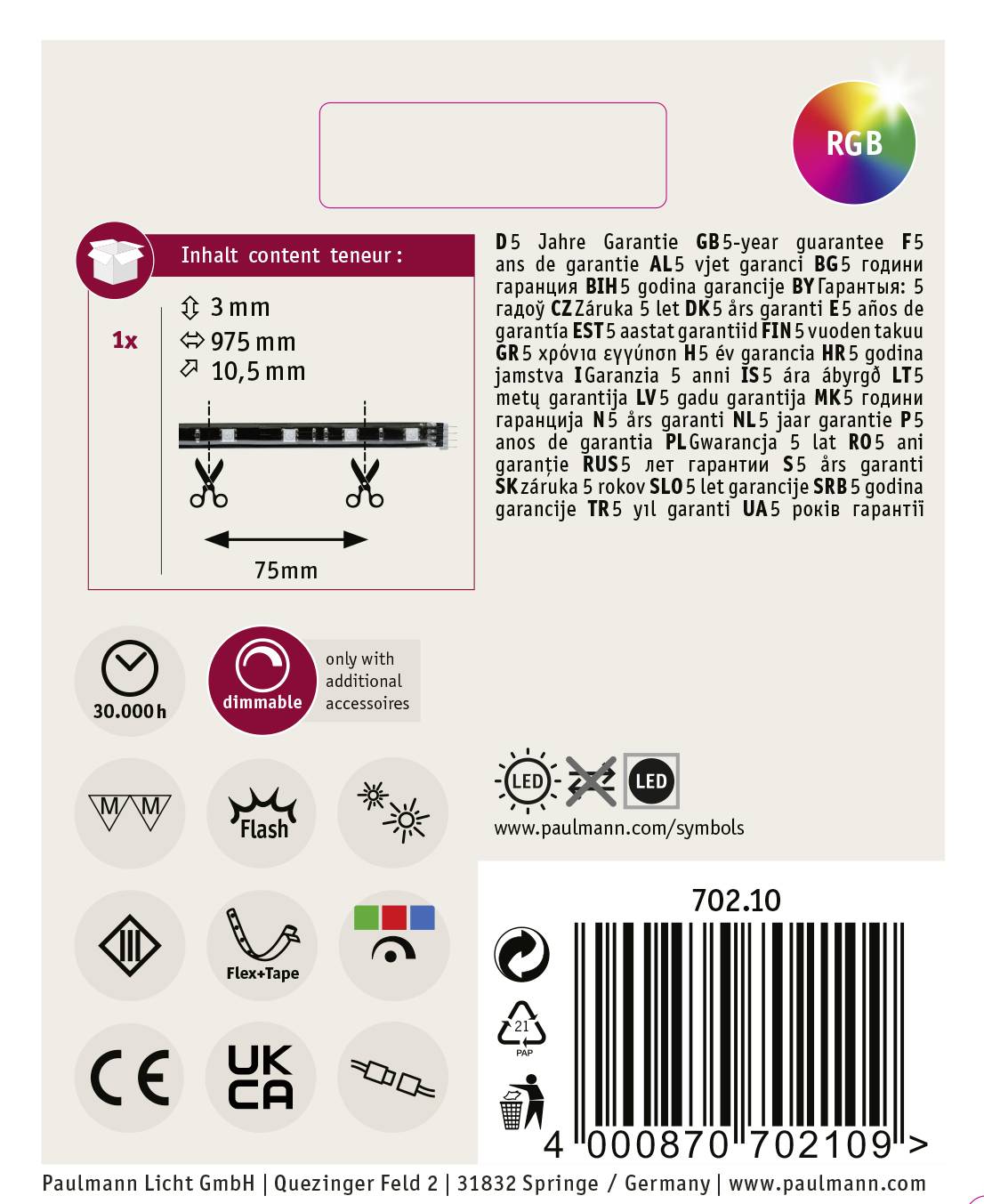 Obal LED pásika značky Paulmann Licht s informáciami o záruke v niekoľkých jazykoch. Obsahuje rozmery, informácie o stmievaní, energetické symboly a webovú stránku.