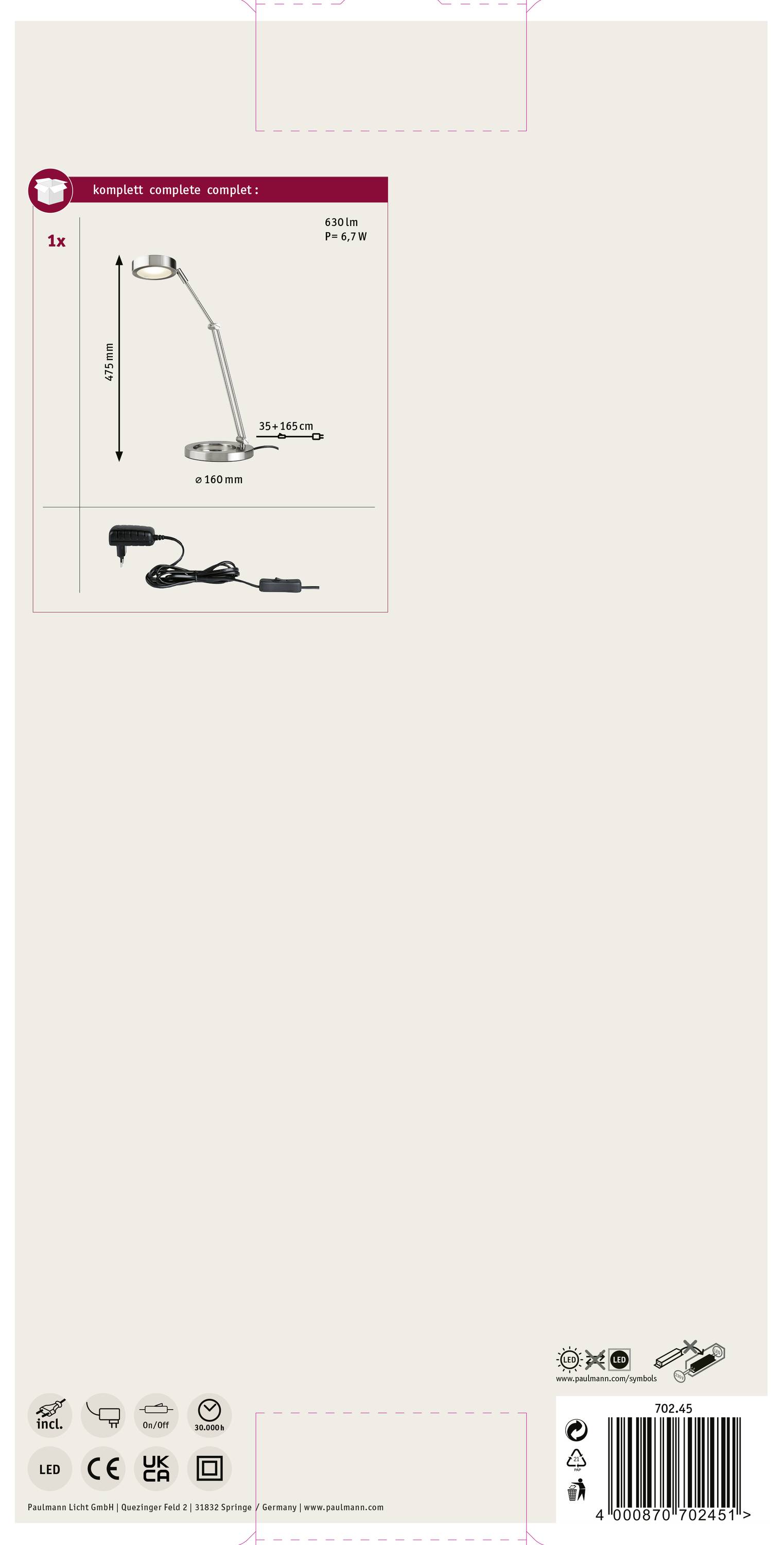 Stolová lampa s flexibilným ramenom a LED svetlom, model P-LED 6. Obsahuje základňu lampy, rameno, svetelný zdroj a napájací adaptér.