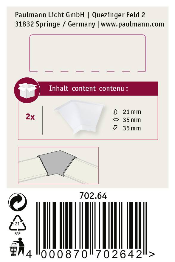 Dva biele spojovacie diely, rozmery: 21 mm, 35 mm, 35 mm, s informáciou o balení. Výrobca: Paulmann Licht GmbH.