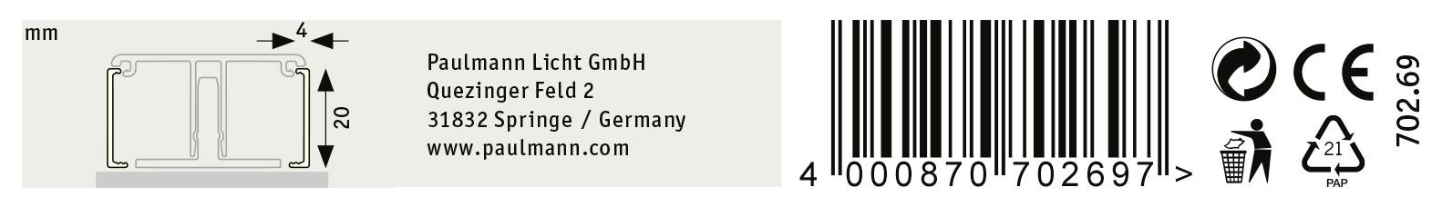 Na obrázku je čiarový kód s vyobrazením produktu spoločnosti Paulmann Licht GmbH, s rozmermi 10 mm a 20 mm, ako aj recyklačné symboly.