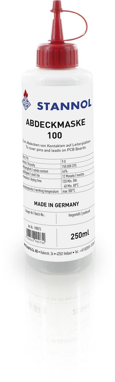 Ochranná maska 'Stannol Abdeckmasky 100' fľaša, 250 ml, na zakrytie kontaktných miest a spájkovacích bodov na doske plošných spojov, vyrobené v Nemecku.