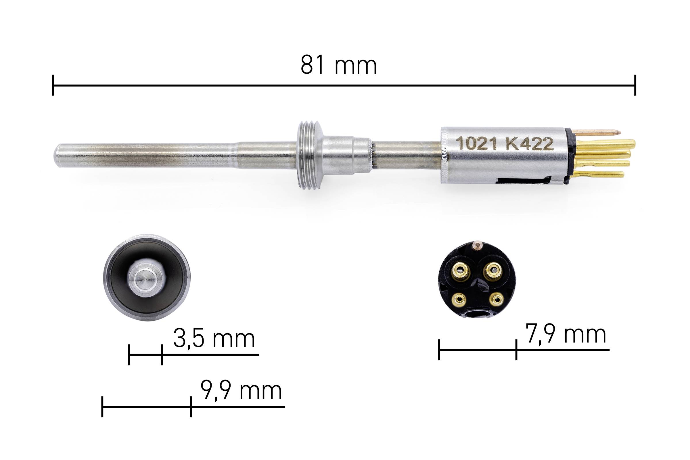 Meracie zariadenie s dĺžkou 81 mm. Priemer čiernej časti je 3,5 mm a priemер koncovky je 7,9 mm.