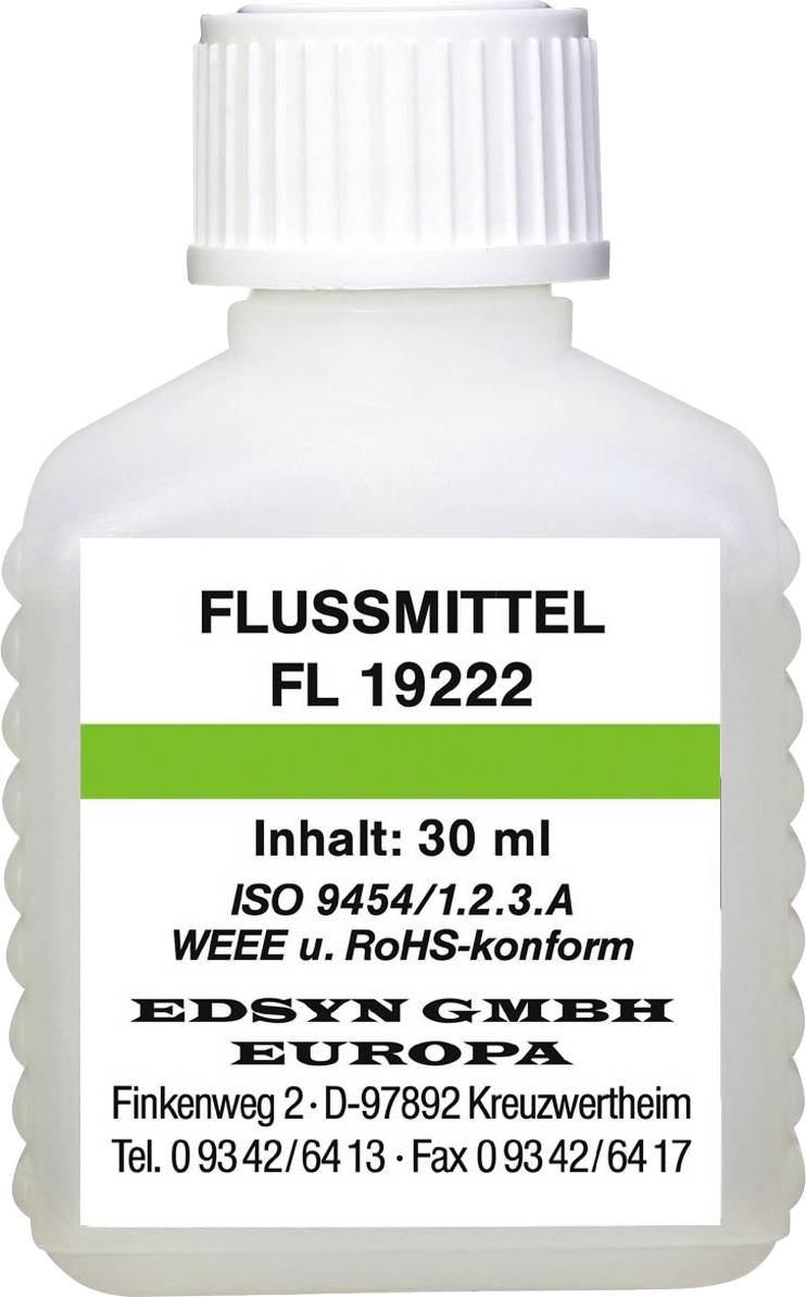 Tavivo FL 19222, fľaša, 30 ml obsahu. Certifikované podľa ISO 9454/1.2.3.A, spĺňa normy WEEE a RoHS. Kontaktné údaje spoločnosti Edsyn GmbH Európa.