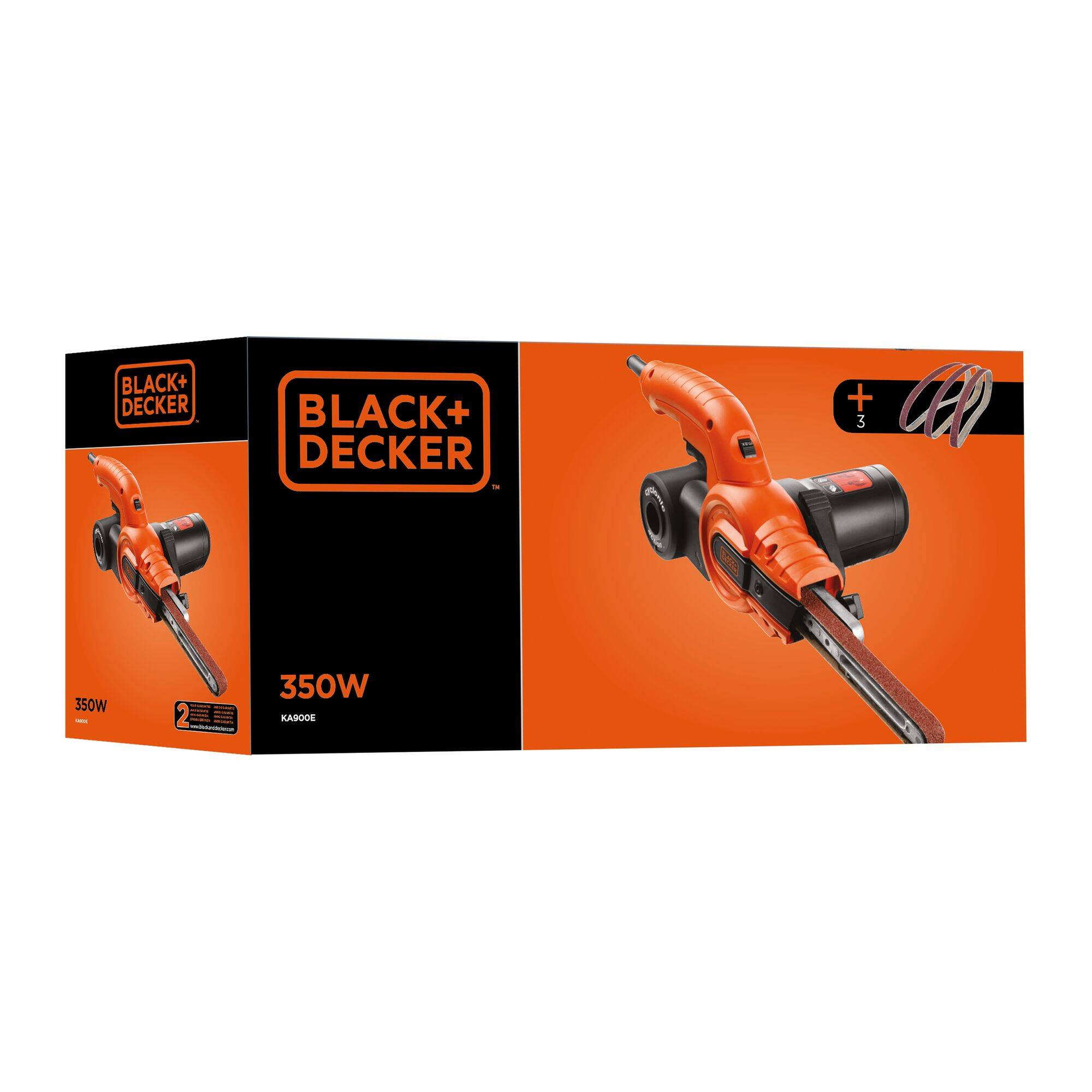 Obal ručnej píly Black+Decker, 350W. Zobrazuje obrázok píly a obsahuje tri pílové listy. Obal je v oranžovej a čiernej farbe.