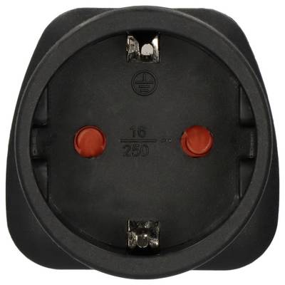 Zblízka čierny elektrický zástrčka/zásuvková konektor s dvoma červenými ochranným viečkami a symbolom uzemenia, označený "16/250".
