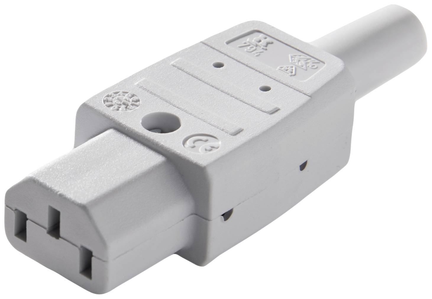 Sivá elektrická IEC zástrčka obdĺžnikového tvaru, s rozpoznateľnými symbolmi a značkami na hornej strane.