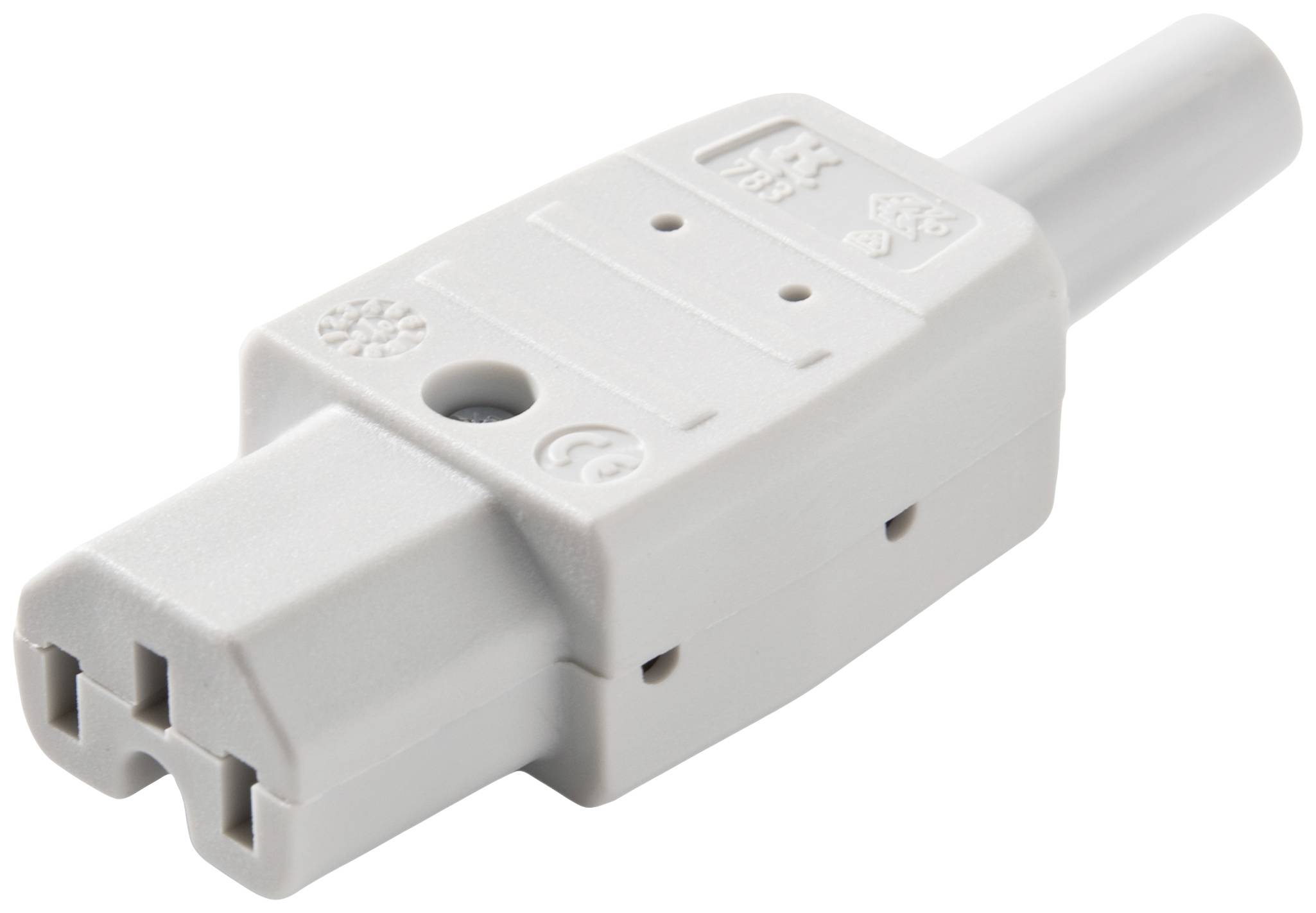 Sivý elektrický konektor s dvoma paralelnými kovovými kontaktmi a okrúhlym vstupom pre kábel, umiestnený pred bielym pozadím.