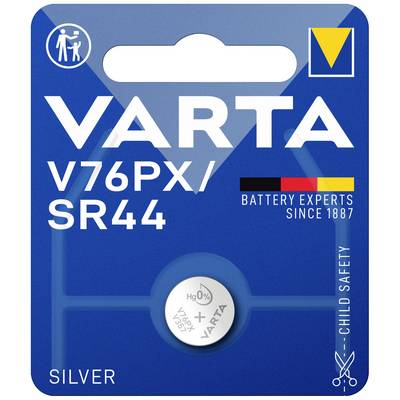 Balenie batérie od Varta, model V76PX/SR44, "Battery Experts Since 1887", s detskou poistkou a strieborným nápisom.