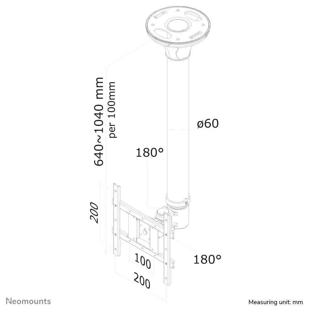 Líniový diagram stropného držiaka so stĺpikom s nastaviteľnou výškou (640–1040 mm), otočným o 180°. Rozmery a uhly sú súčasťou diagramu.
