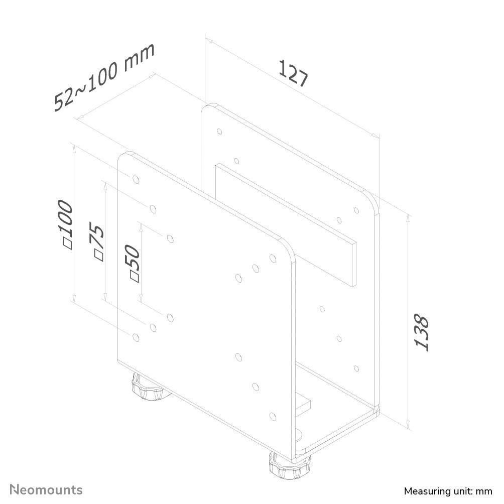 'Diagram držiaka s rozmermi: šírka nastaviteľná od 52-100 mm, výška 138 mm, hĺbka 127 mm. Jednotka miery: mm.'