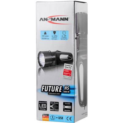 'Vreckové svietidlo ANSMANN Future HS 1000 FR s 330 lúmenmi, LED technológiou, dosahom svetla 450 m a nabíjaním cez USB.'
