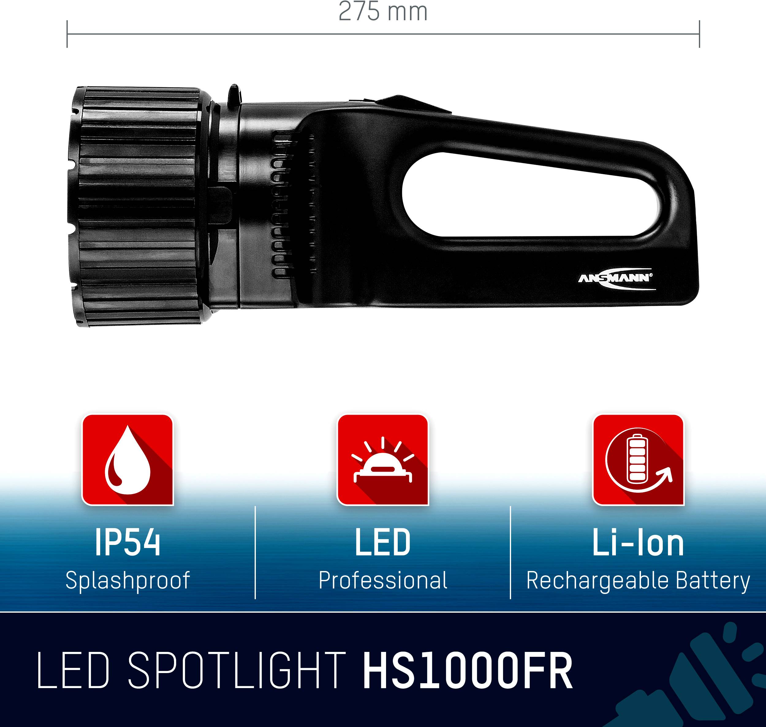 LED reflektor HS1000FR s krytím IP54 proti striekajúcej vode, profesionálnou LED kvalitou a dobíjateľnou lítium-iónovou batériou. Dĺžka: 275 mm.