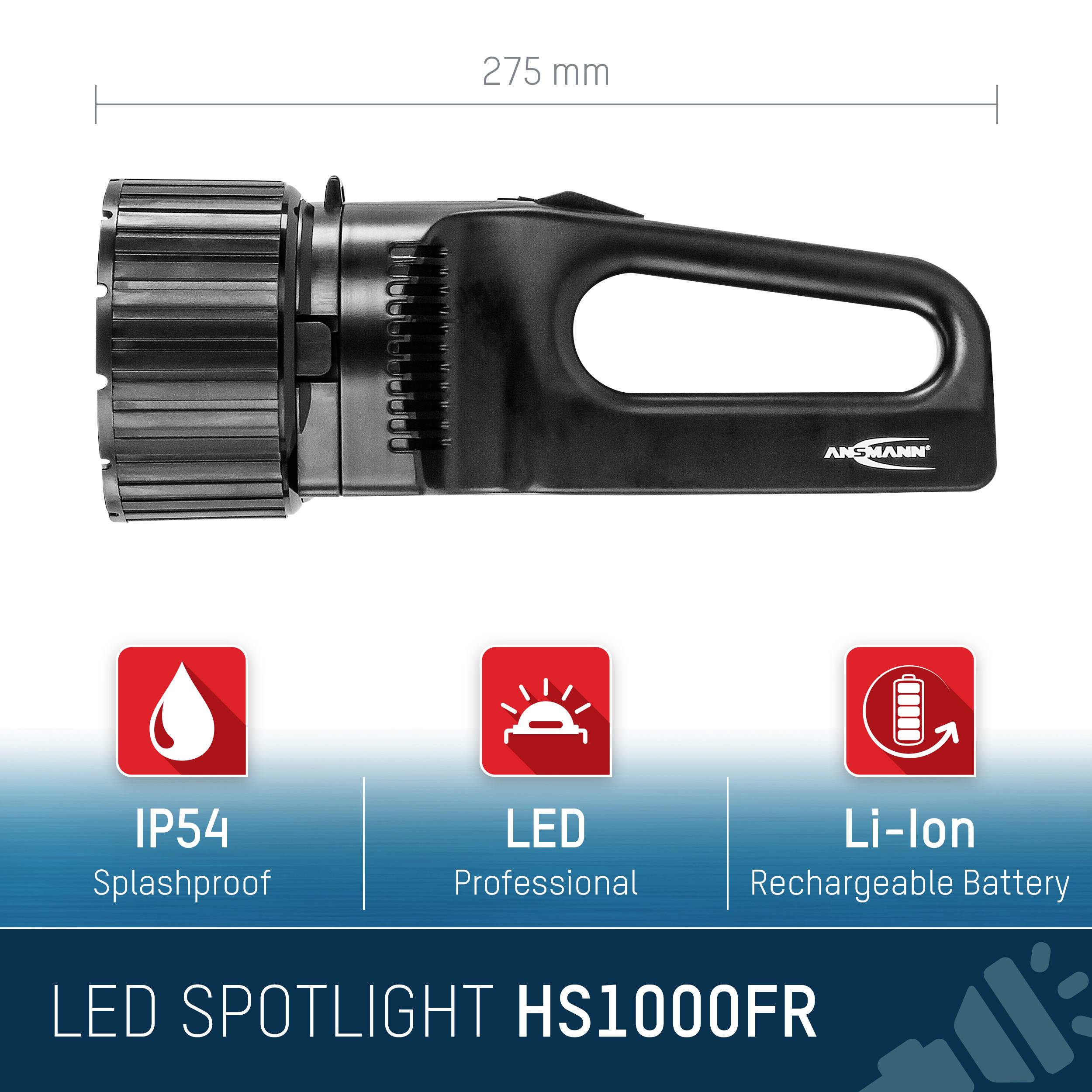 LED reflektor HS1000FR s ochranou proti striekajúcej vode IP54, profesionálny LED reflektor s dobíjateľnou lítiovo-iónovou batériou. Dĺžka 275 mm.