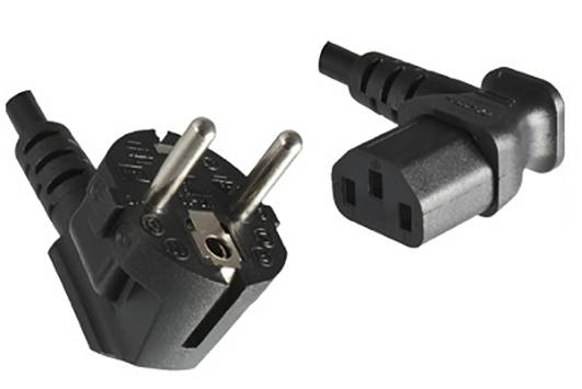 Čierny dvojpólový elektrický kábel zobrazuje zástrčku aj zásuvku. Zástrčka má okrúhle kovové kontakty.