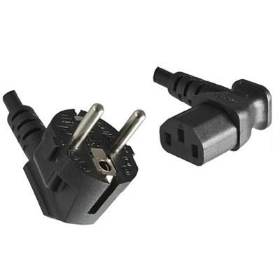 Čierny dvojpólový elektrický kábel zobrazuje zástrčku aj zásuvku. Zástrčka má okrúhle kovové kontakty.