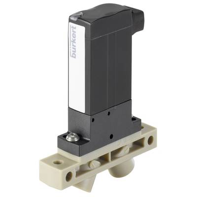 Čierne elektromagnetické ventily od Bürkert, namontované na béžovom podklade. Vhodné pre presnú kontrolu kvapalín alebo plynov.