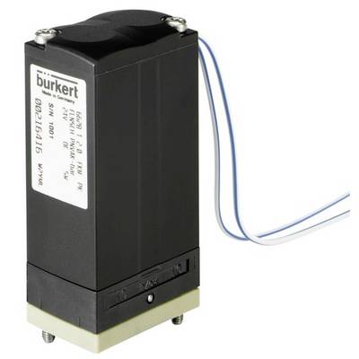 Čierne elektromagnetické ventil so strieborným štítkom značky Burkert a modrými elektrickými vodičmi hore.