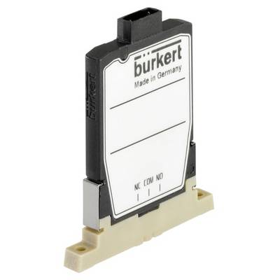 Čierno-biela elektrická súčiastka od spoločnosti Bürkert, s označením 'Made in Germany'. Má elektrické konektory a je namontovaná na krémovom podstavci.