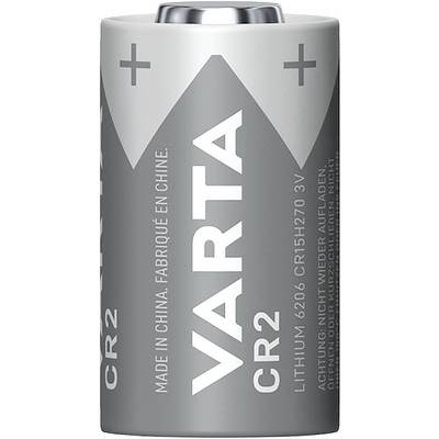 Strieborná lítiová batéria VARTA CR2 s nápismi poukazujúcimi na pôvod a výstražné upozornenia.