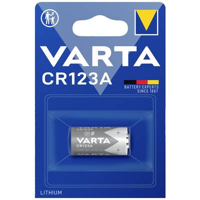 Lítiová batéria Varta CR123A v modrom obale; obchodné meno hore a informácie o produkte dole, vhodná pre fotoaparáty a baterky.