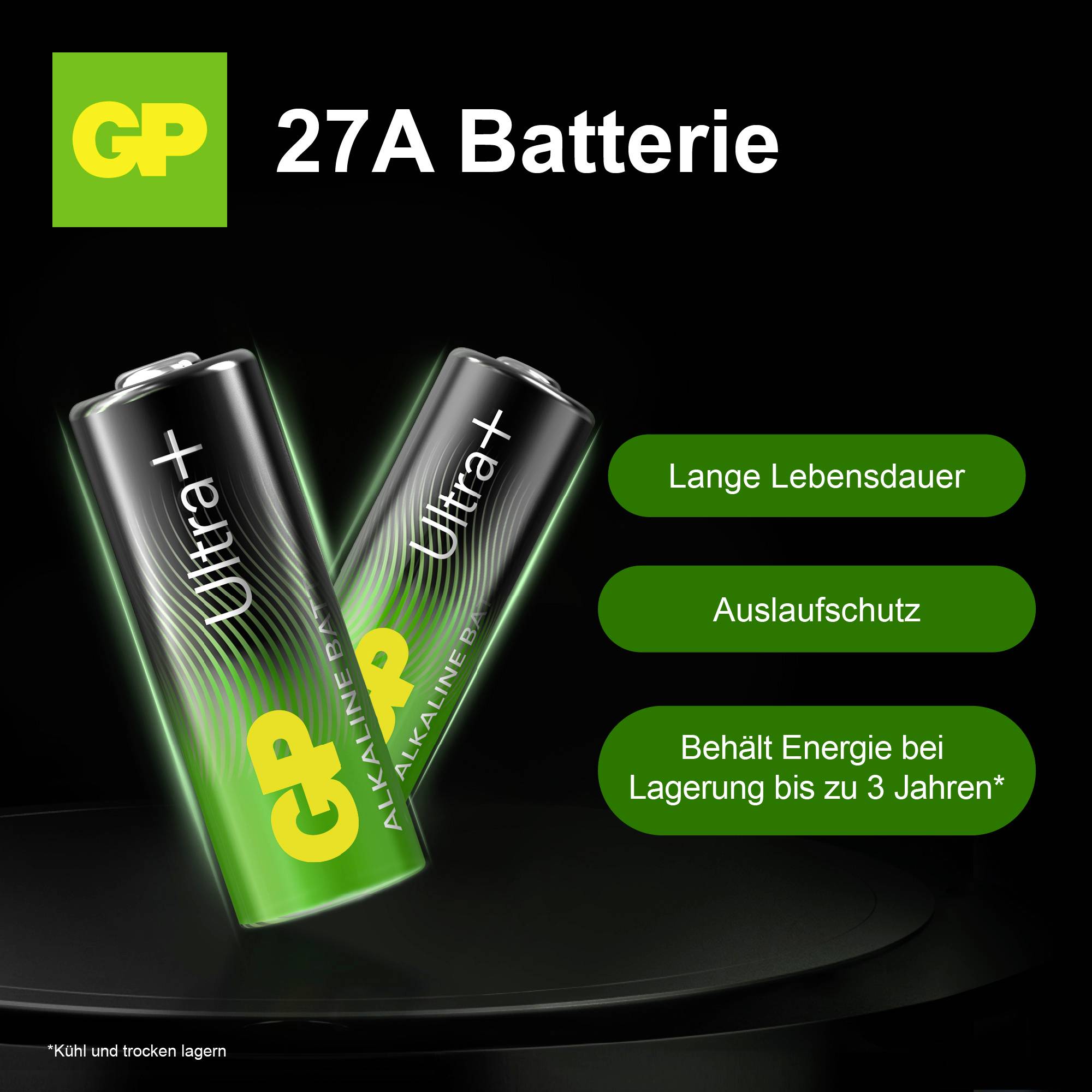 Reklamný oznam pre batériu GP Ultra+ 27A; zobrazuje dve batérie a vlastnosti „Dlhá životnosť", „Ochrana proti vycieknutiu" a Uchovanie energie až 3 roky pri skladovaní.