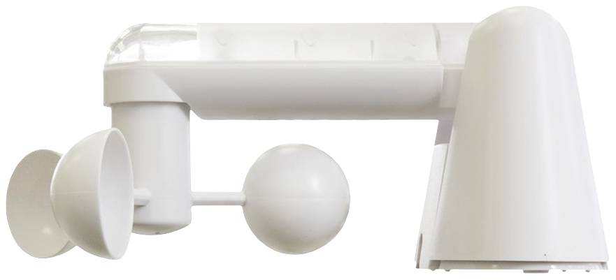 Biely anemometer, zariadenie na meranie rýchlosti vetra, s dvoma miskami na rotujúcom ramene.