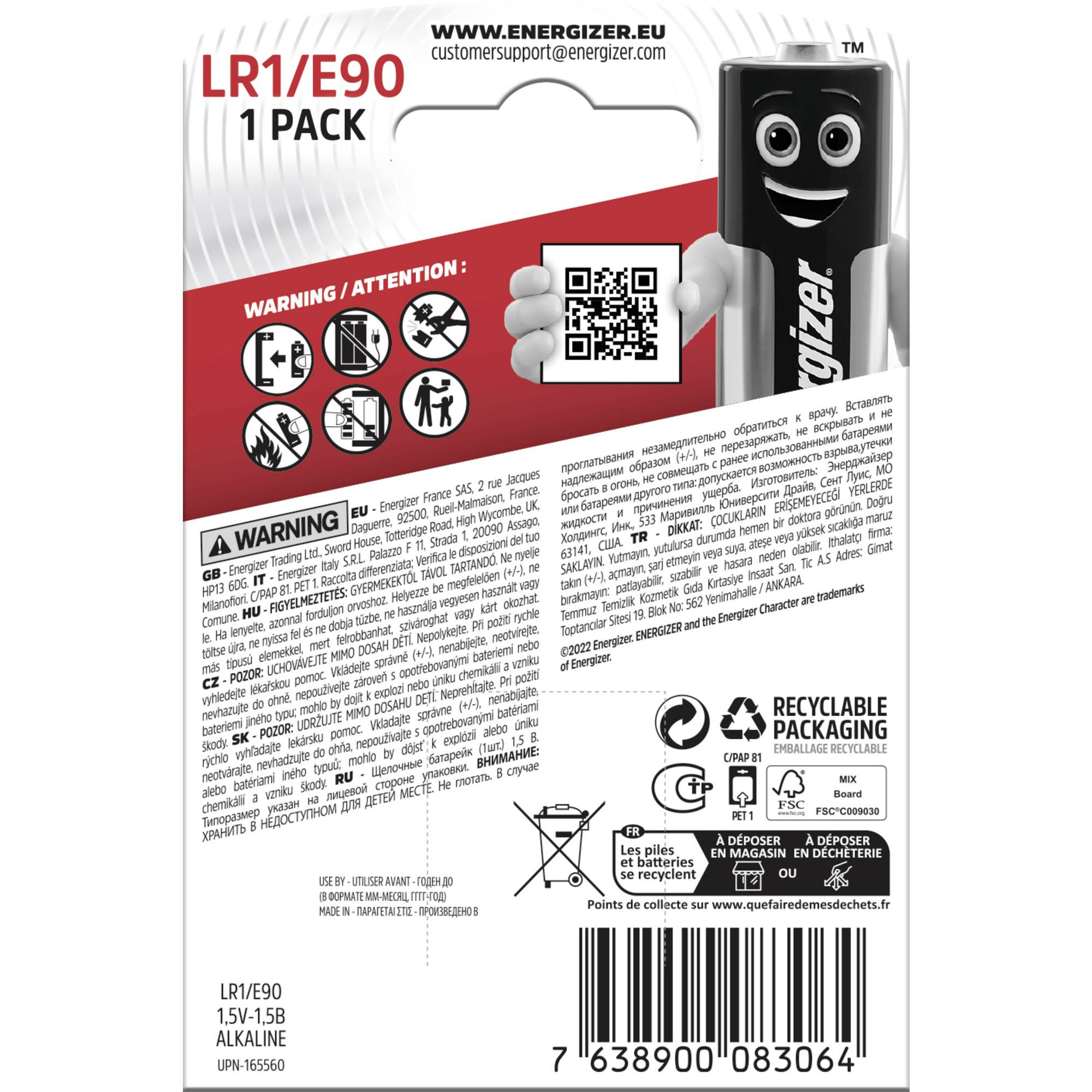 Zadná strana batériovej súpravy s bezpečnostnými a recyklačnými pokynmi. Maskot ukazuje na QR kód. Text a symboly.