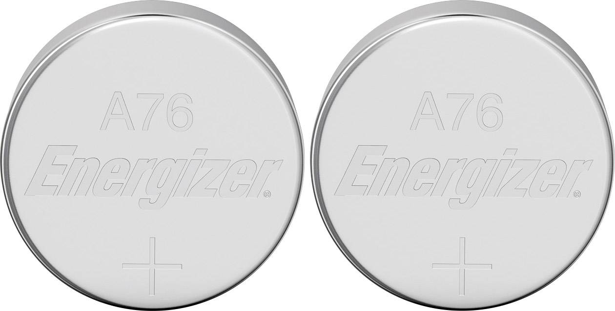 Dve strieborné gombíkové batérie značky Energizer, model A76, vedľa seba.