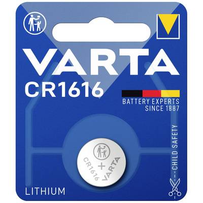 'VARTA CR1616' lítiová gombíková batéria v modrom dizajne obalu s upozornením na detskú bezpečnosť. Experti na batérie od roku 1887.