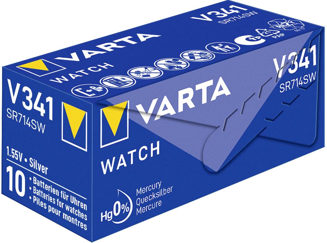 Modrý obal batérií Varta do hodiniek s označením 'V341 SR714SW', bez obsahu ortuti, obsahuje 10 batérií.