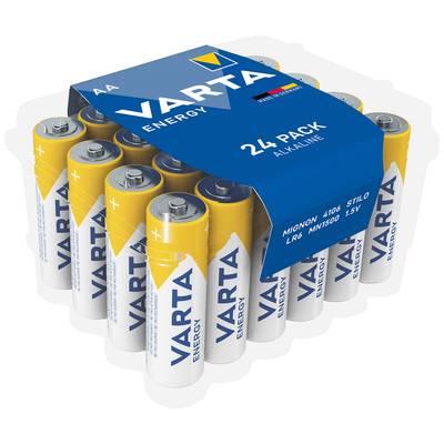 Balenie s 24 ks alkalických batérií Varta Energy AA, biele s žltým viekom. Text na kartóne: '24 ks alkalických batérií'.