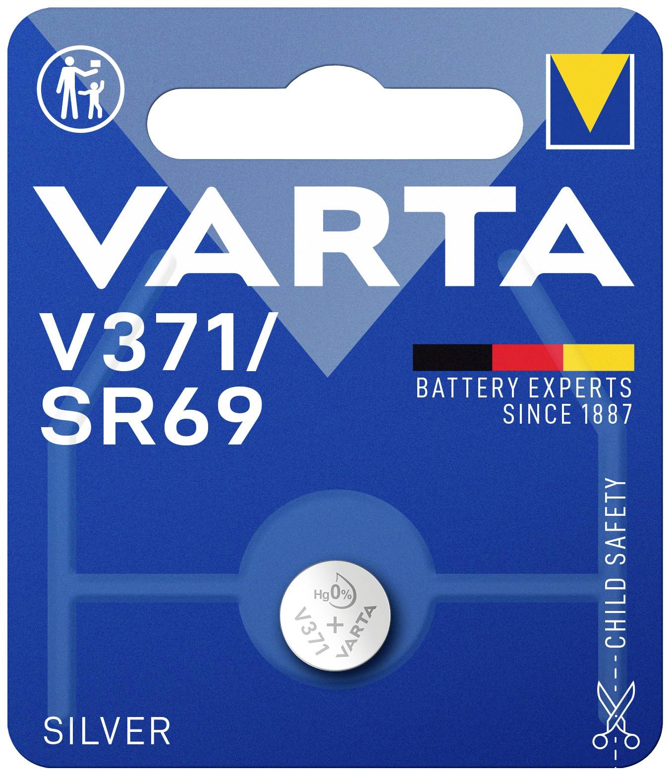 Blistrov obal s gombíkovou strieborno-oxidovou batériou VARTA V371/SR69. Etiketa zdôrazňuje detskú bezpečnosť, odbornosť od roku 1887 a status expertov na batérie.