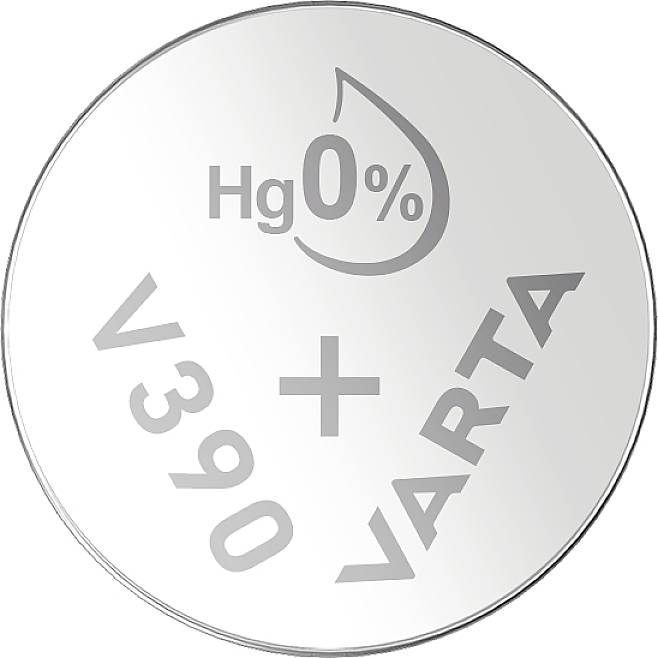Gombíková batéria VARTA V390 ukazuje 'Hg 0%' ako bez obsahu ortuti.