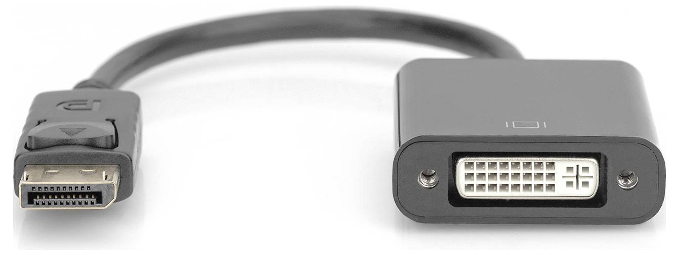 Čierny adaptérový kábel z DisplayPort na DVI, používaný na pripojenie monitorov a grafických kariet s rozdielnym typom konektorov.