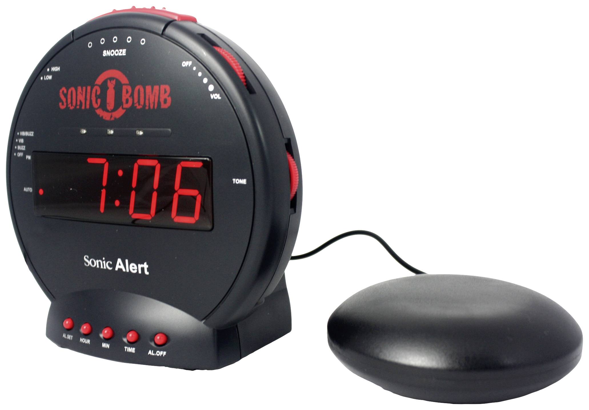 Elektronický budík s názvom 'Sonic Bomb' ukazuje čas 7:06 a má pripojený drôtový vibračný senzor.