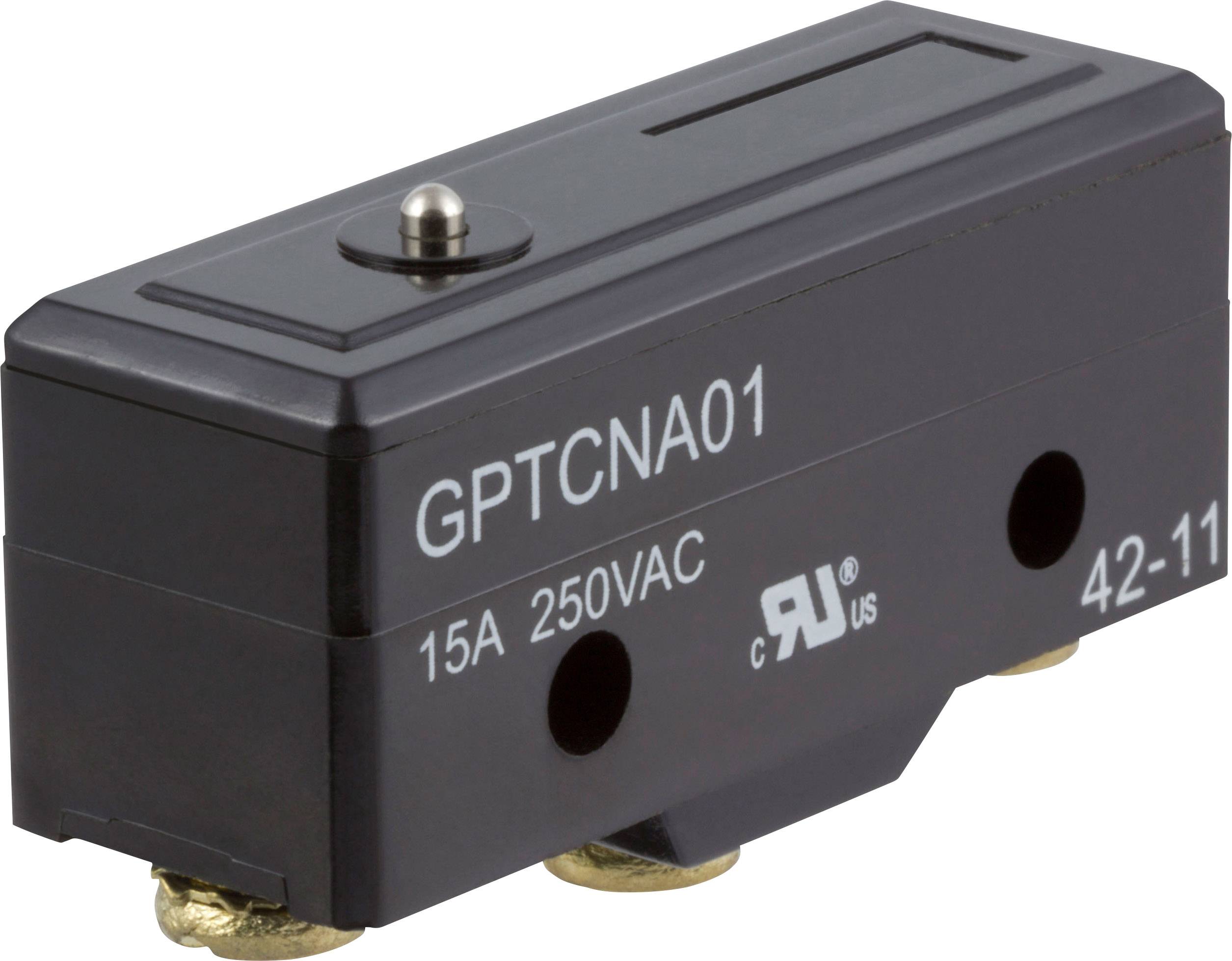 Čierny mikrospínač s nápisom 'GPTCNA01 15A 250VAC'. Vhodný pre 15 ampérov a 250 voltov striedavého prúdu.