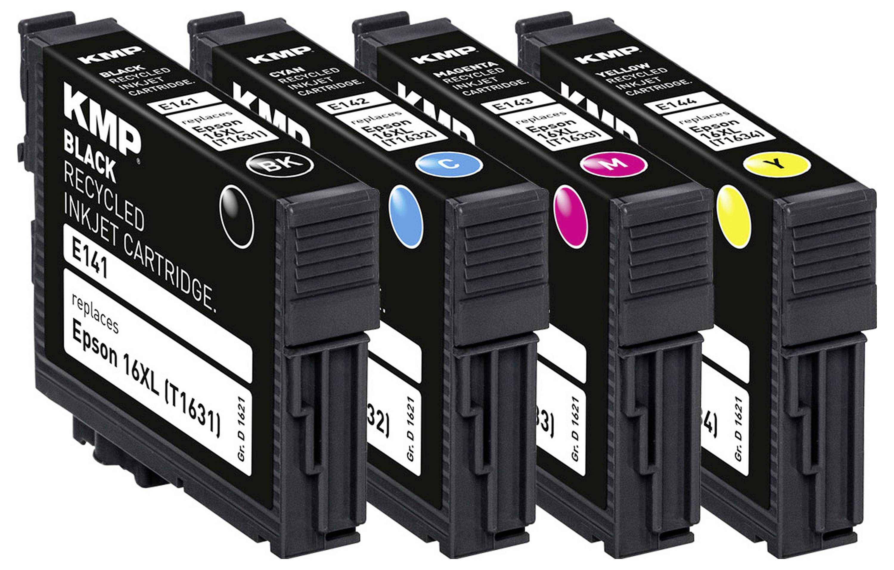 Štyri atramentové kazety v čiernej, azúrovej, purpurovej a žltej farbe, označené ako recyklované náhradné kazety Epson 16XL od KMP.