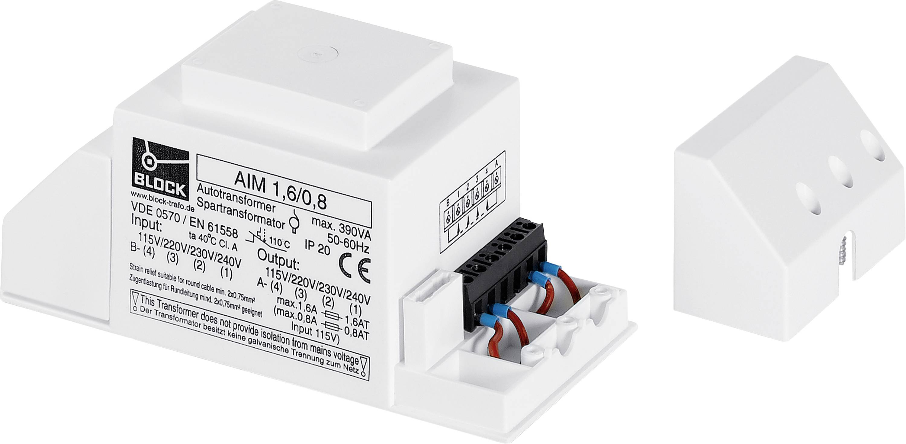 Transformátor "Block AIM 1.6/0.8" automatický s technickými špecifikáciami vrátane napätia (115V/230V/20V/24V) a viditeľnými detailmi pripojenia.