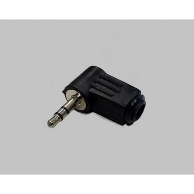 Čierny 3,5 mm audio adaptér v tvare obdĺžnika na sivom pozadí. Použitie: prepojenie audio káblov s rôznymi konektormi.