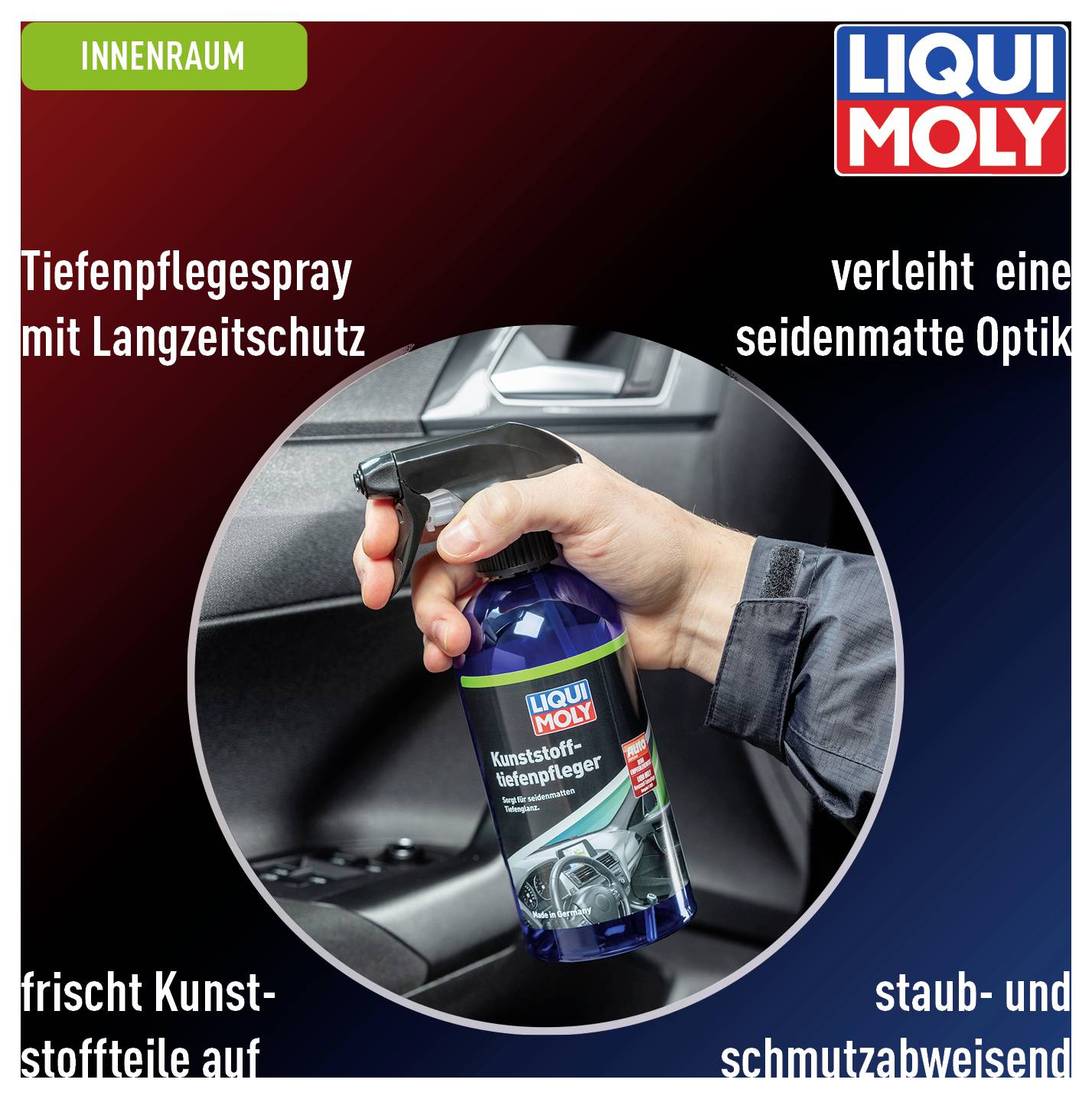 'LIQUI MOLY' Sprej na hĺbkovú starostlivosť o plasty v ruke; Text: 'dodáva hodvábne matný vzhľad', 'osviežuje plastové diely', 'odpudzuje prach a špinu'.